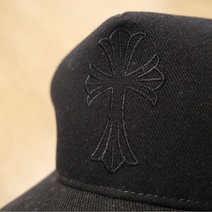 Chrome Hearts Black Hat Cross Patch Cap w/ Silver Button Gothic Logo Authentic